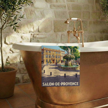 Serviette de bain souvenir de la ville de Salon-de-Provence avec une illustration stylisée.