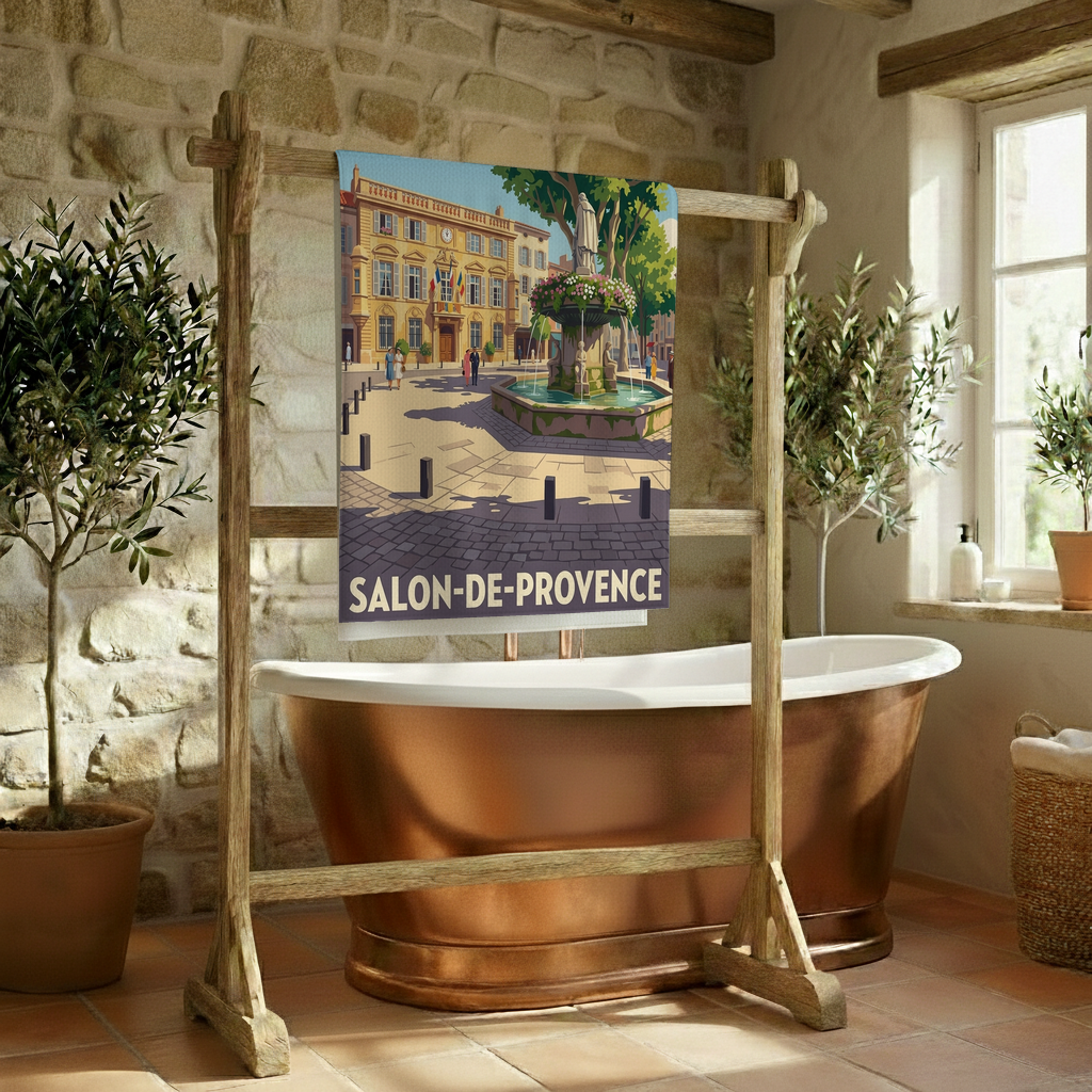 Serviette de bain souvenir de la ville de Salon-de-Provence avec une illustration colorée et stylisée.