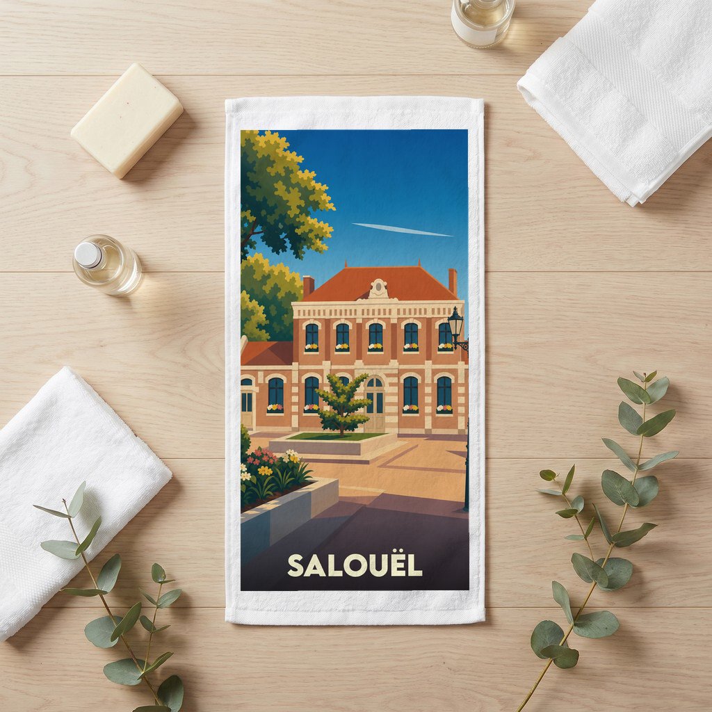 Serviette de bain souvenir de la ville de Salouël avec une illustration stylisée.