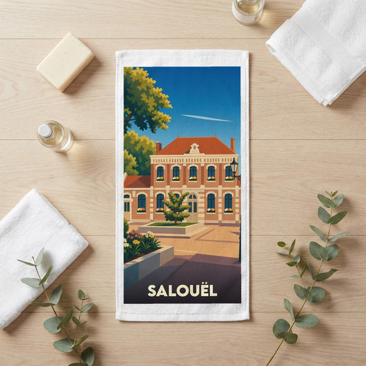 Serviette de bain souvenir de la ville de Salouël avec une illustration stylisée.