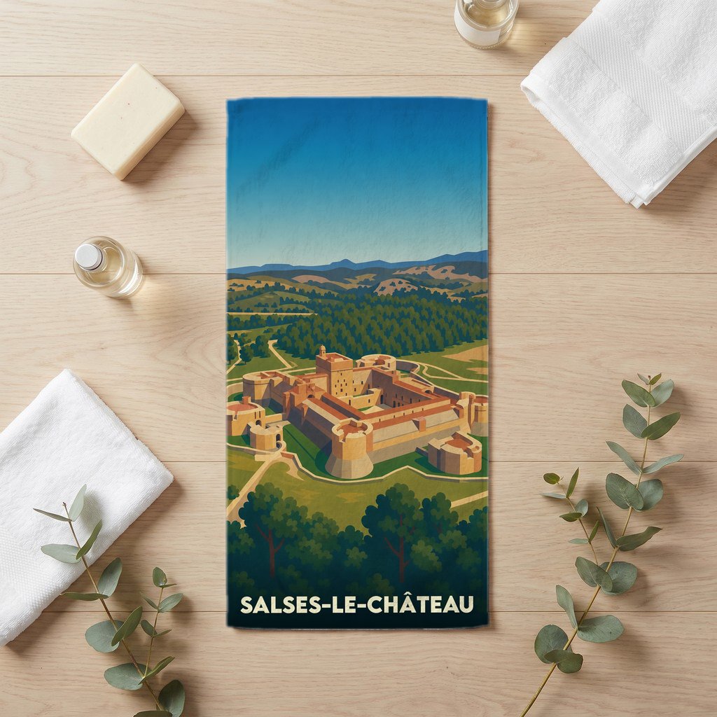 Serviette de bain 30 cm x 60 cm souvenir de Salses-le-Château