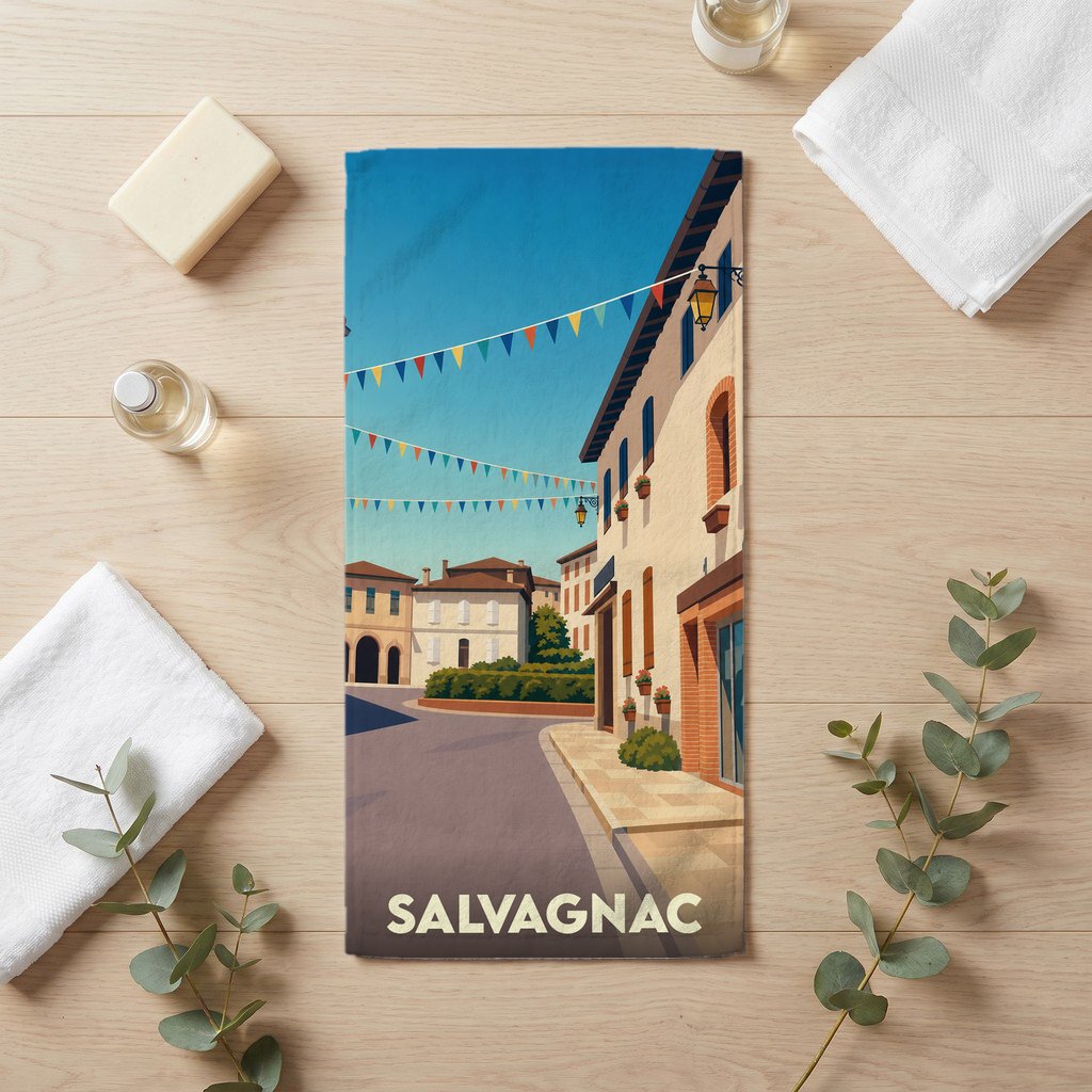 Serviette de bain souvenir de la ville de Salvagnac avec une illustration stylisée d'une rue ensoleillée et décorée.