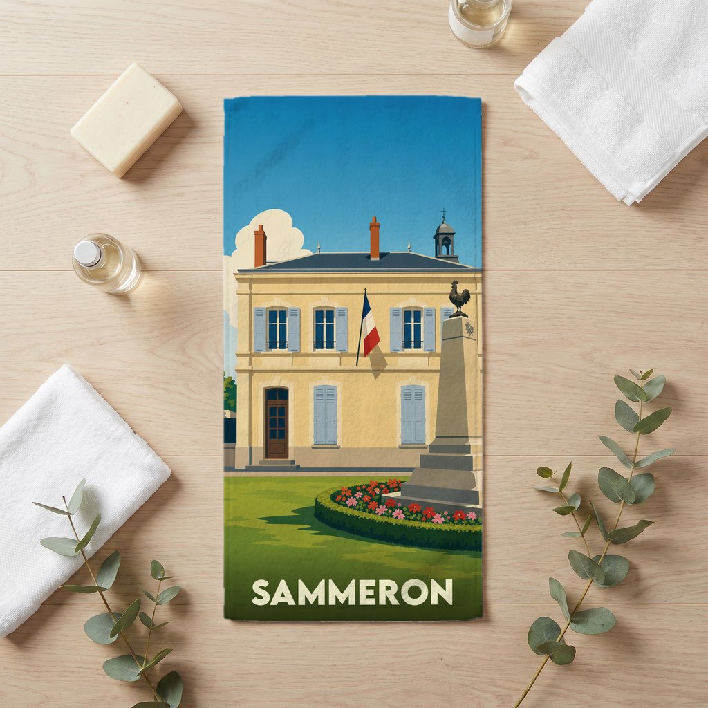 Serviette de bain souvenir de la ville de Sammeron avec une illustration stylisée d'un bâtiment communal.