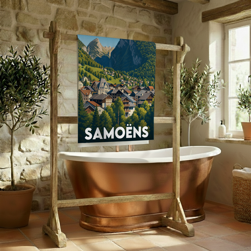 Serviette de bain souvenir de la ville de Samoëns avec une illustration stylisée d'un paysage de montagne.