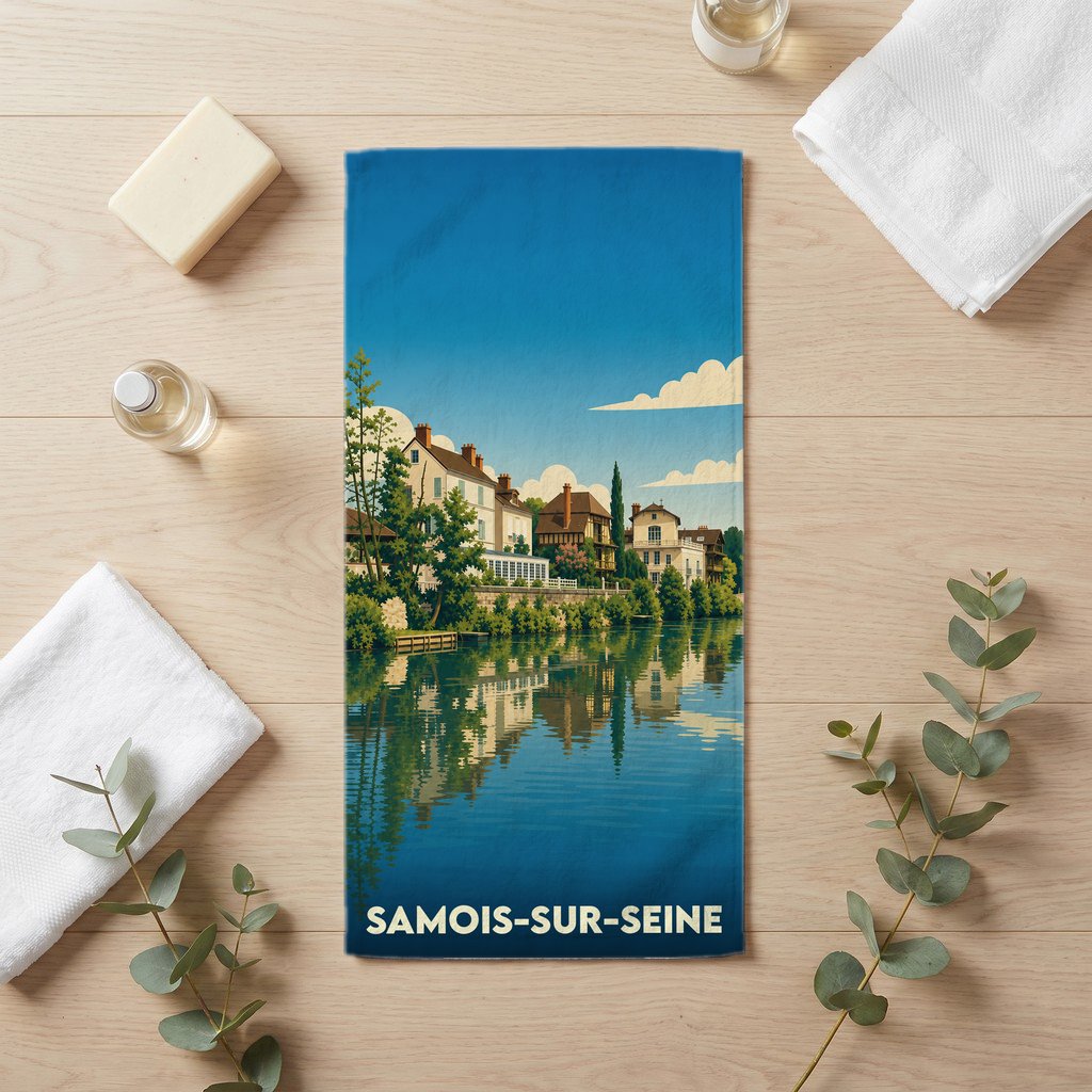 Serviette de bain souvenir de la ville de Samois-sur-Seine avec une illustration stylisée des bords de Seine.