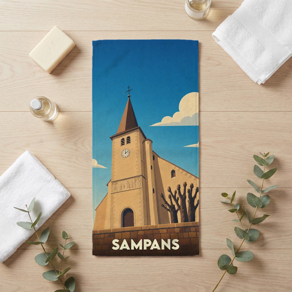 Serviette de bain souvenir de la ville de Sampans avec une illustration stylisée de son église.