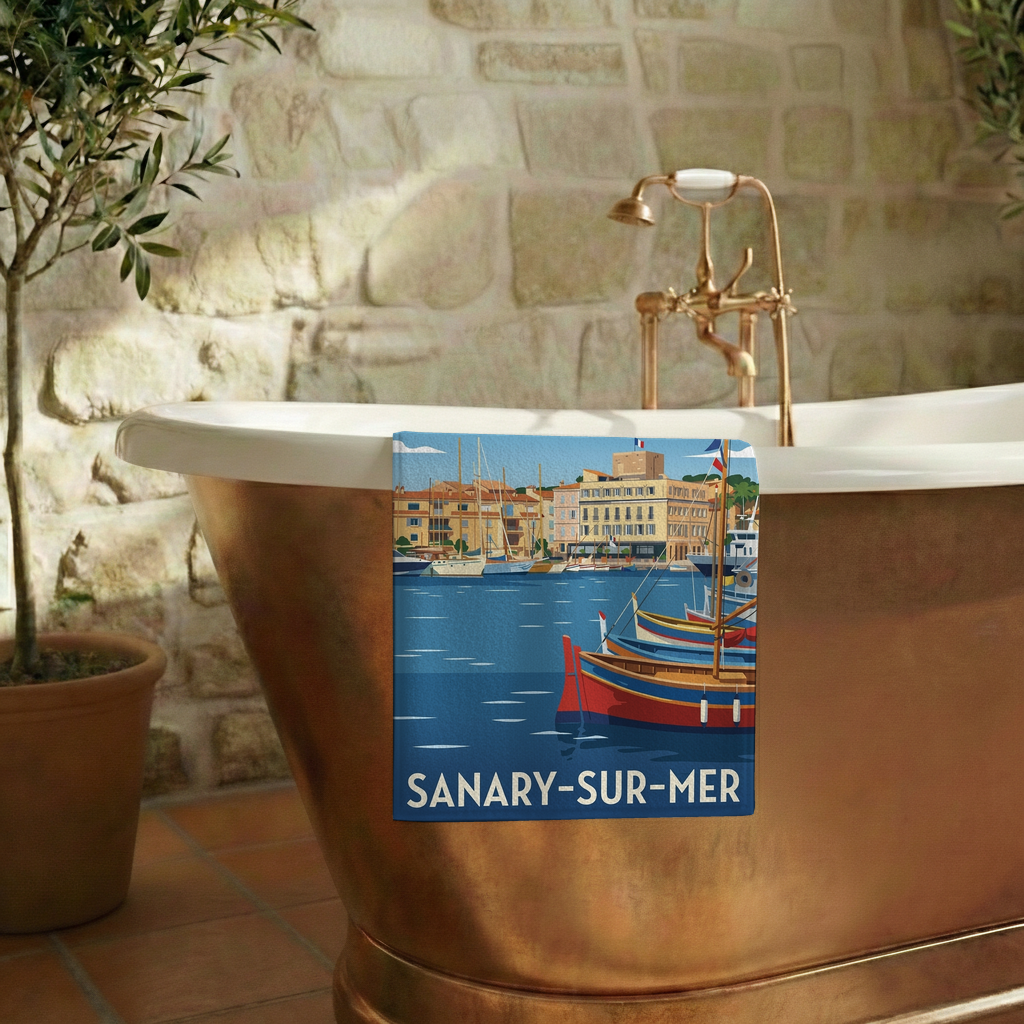 Serviette de bain souvenir de la ville de Sanary-sur-Mer avec une illustration stylisée.