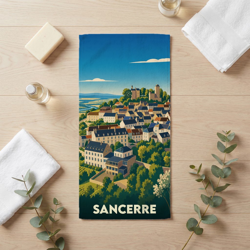 Serviette de bain souvenir de la ville de Sancerre avec une illustration stylisée de son paysage urbain et de ses vignobles.