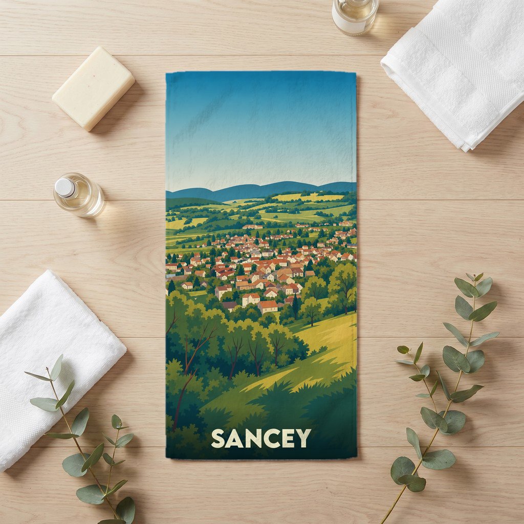 Serviette de bain souvenir de la ville de Sancey avec une illustration de paysage rural.