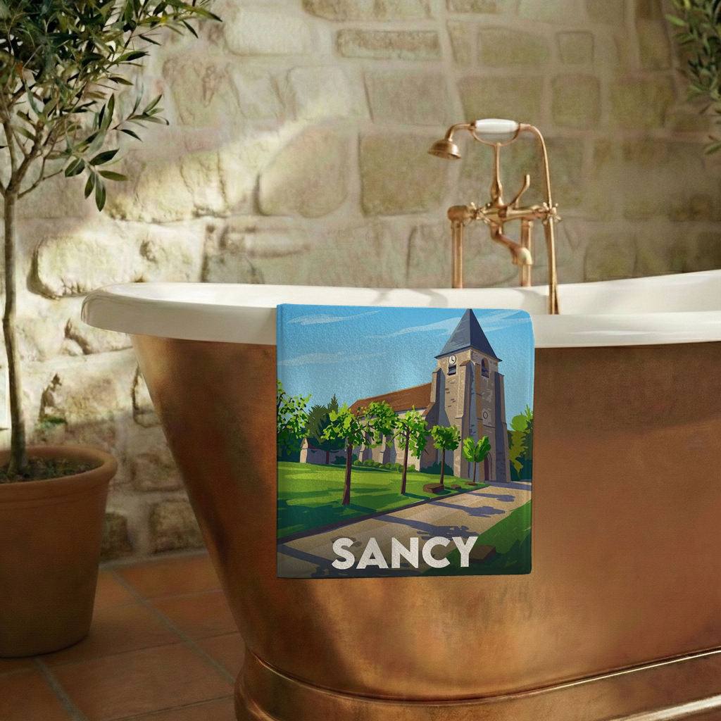 Serviette de bain souvenir de la ville de Sancy avec une illustration stylisée.