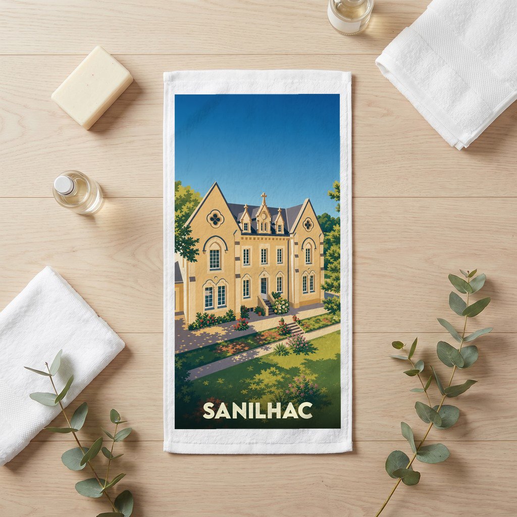 Serviette de bain souvenir de la ville de Sanilhac avec une illustration stylisée d'un manoir.