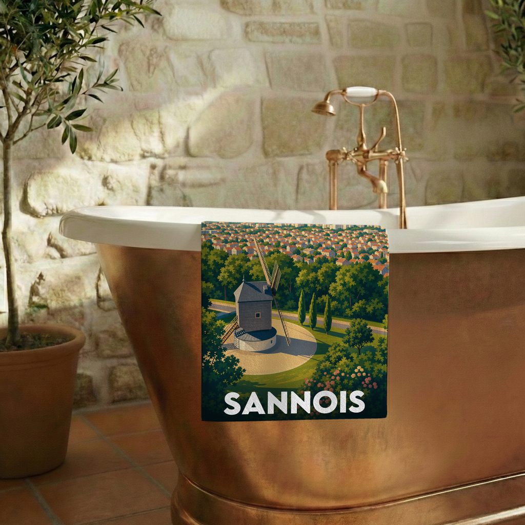 Serviette de bain souvenir de la ville de Sannois avec une illustration stylisée de son moulin.