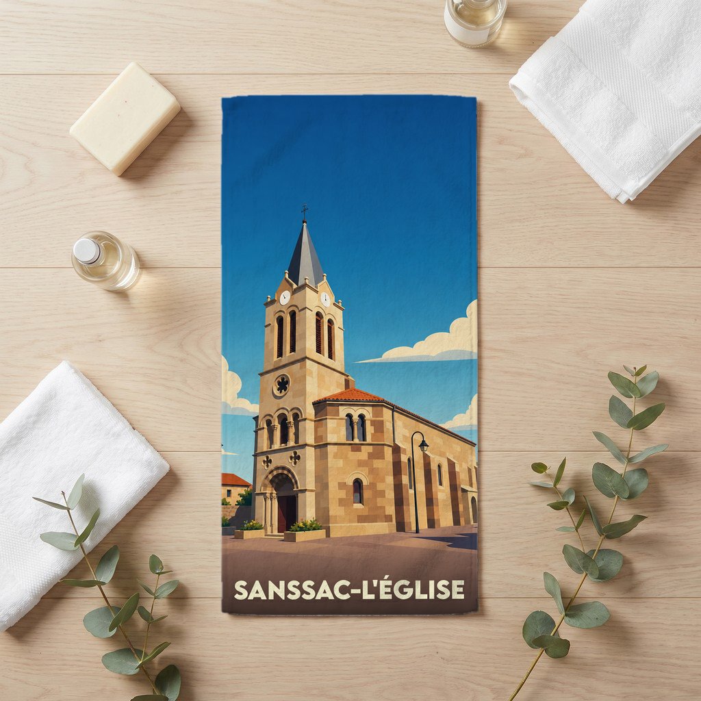Serviette de bain souvenir de la ville de Sanssac-l'Église avec une illustration stylisée de son église.
