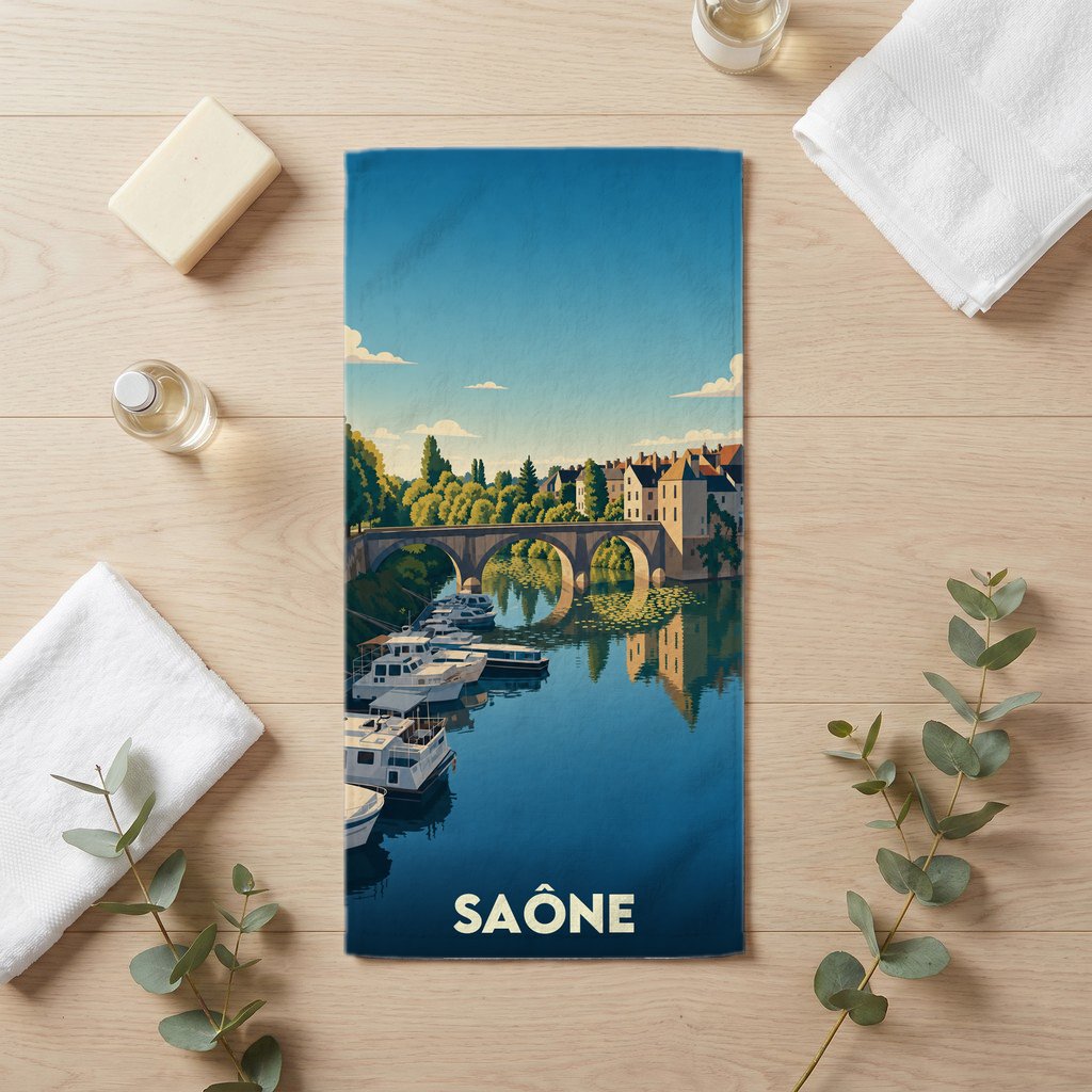 Serviette de bain souvenir de la ville de Saône avec une illustration stylisée des bords de rivière.