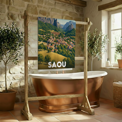 Serviette de bain souvenir de la ville de Saou avec une illustration stylisée de son paysage.