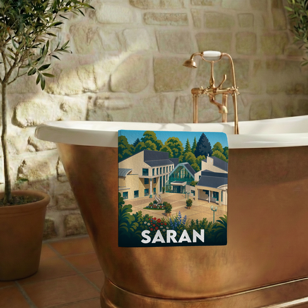 Serviette de bain souvenir de la ville de Saran avec une illustration stylisée.