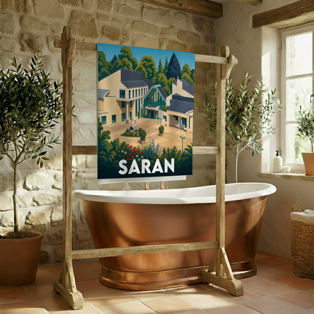 Serviette de bain souvenir de la ville de Saran avec une illustration stylisée.