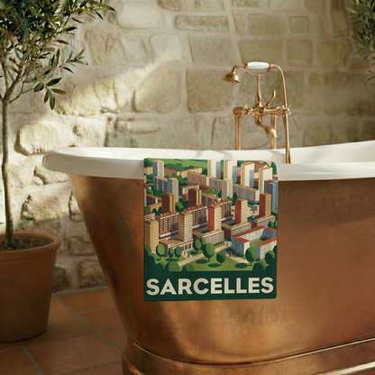Serviette de bain souvenir de la ville de Sarcelles avec une illustration stylisée.