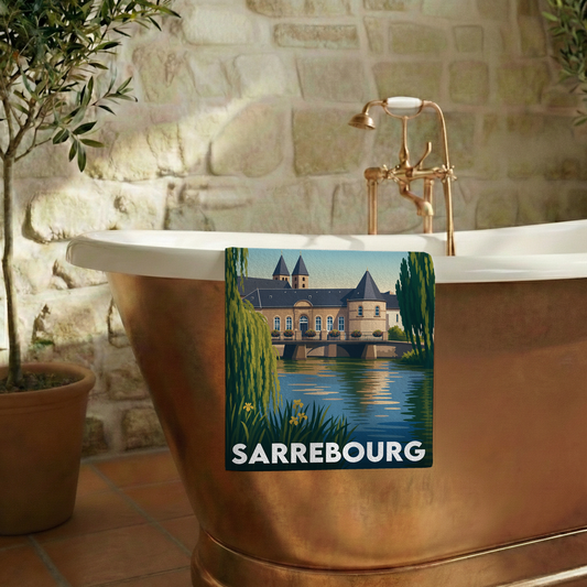 Serviette de bain souvenir de la ville de Sarrebourg avec une illustration stylisée.