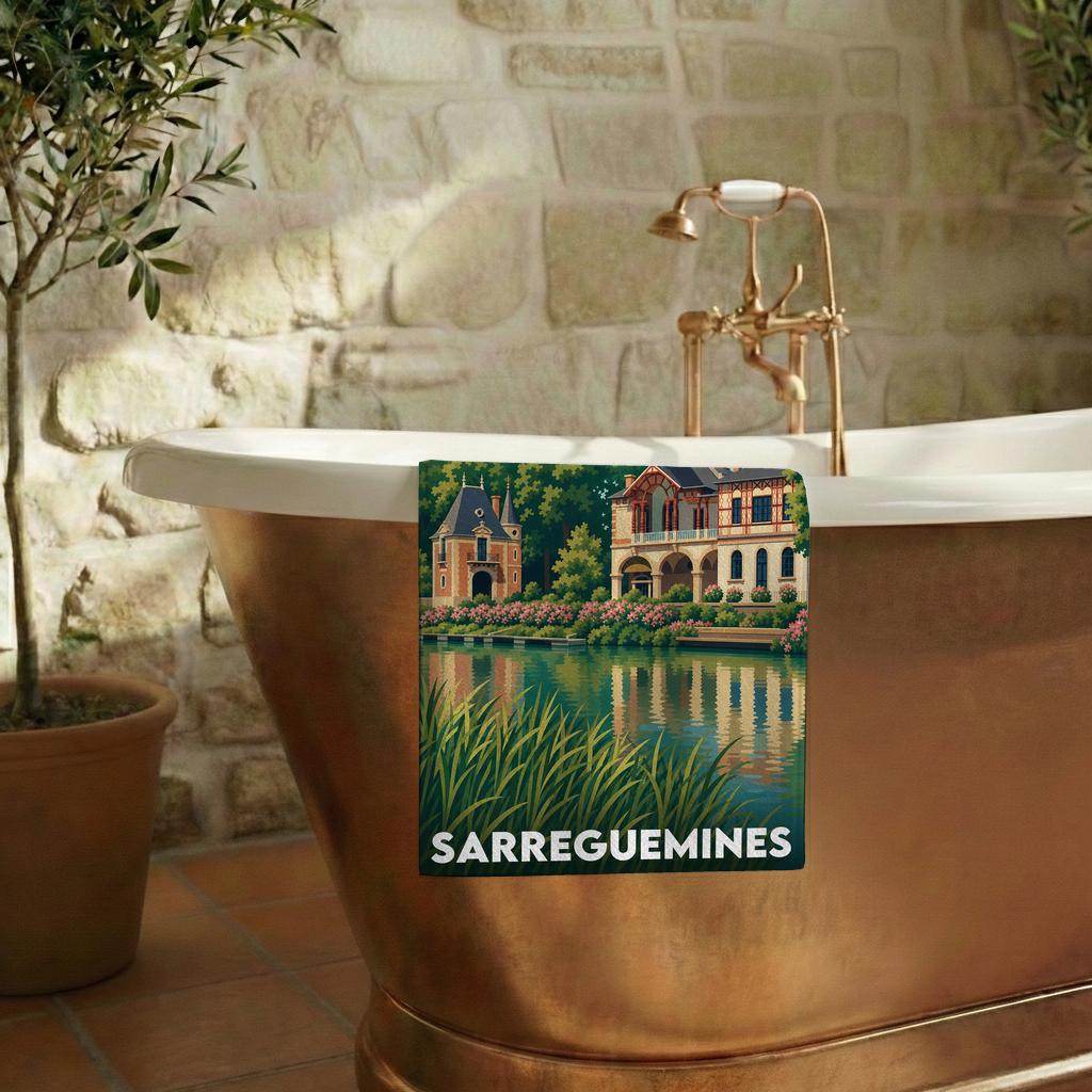 Serviette de bain souvenir de la ville de Sarreguemines avec une illustration stylisée.