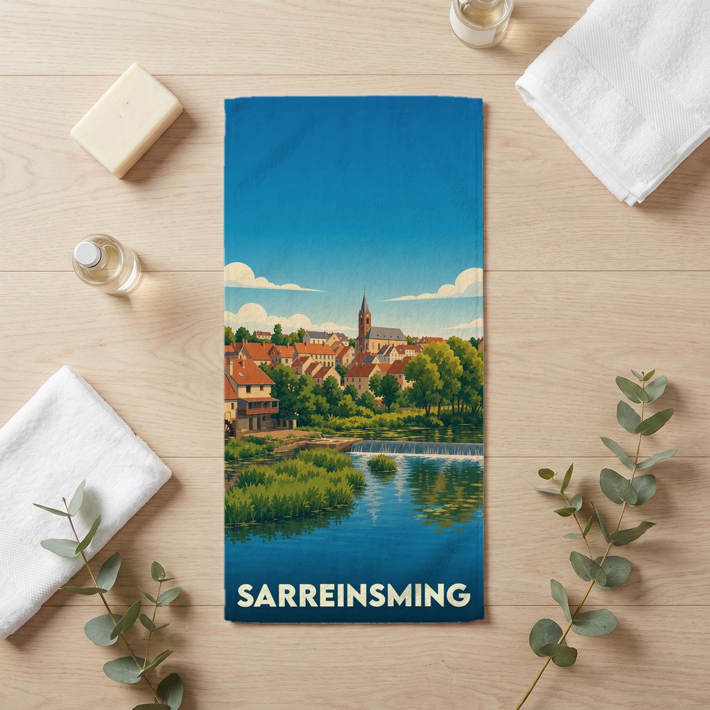 Serviette de bain souvenir de la ville de Sarreinsming avec une illustration stylisée.