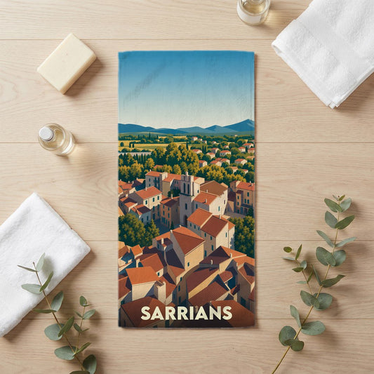Serviette de bain souvenir de la ville de Sarrians avec une illustration stylisée de ses toits.