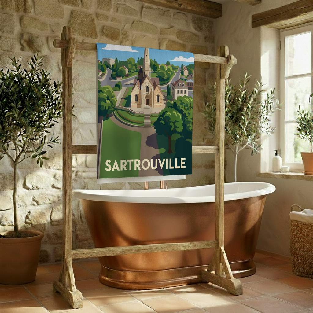 Serviette de bain souvenir de la ville de Sartrouville avec une illustration stylisée.