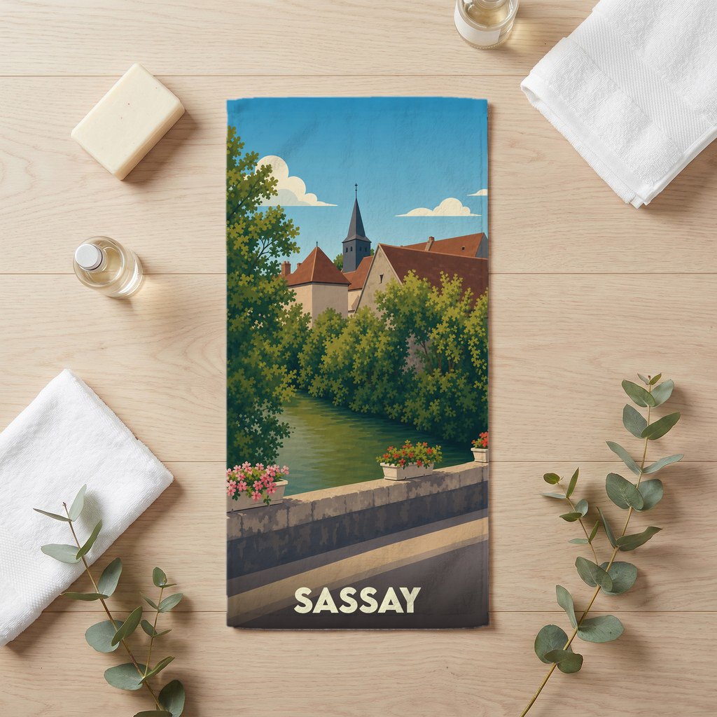 Serviette de bain souvenir de la ville de Sassay avec une illustration stylisée d'un paysage urbain au bord de l'eau.