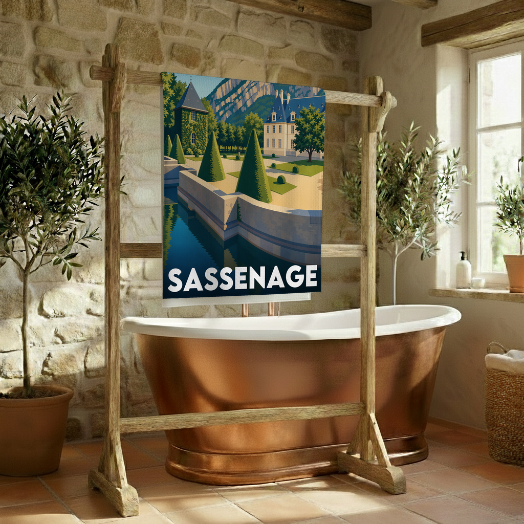Serviette de bain souvenir de la ville de Sassenage avec une illustration stylisée de son château et de ses jardins.