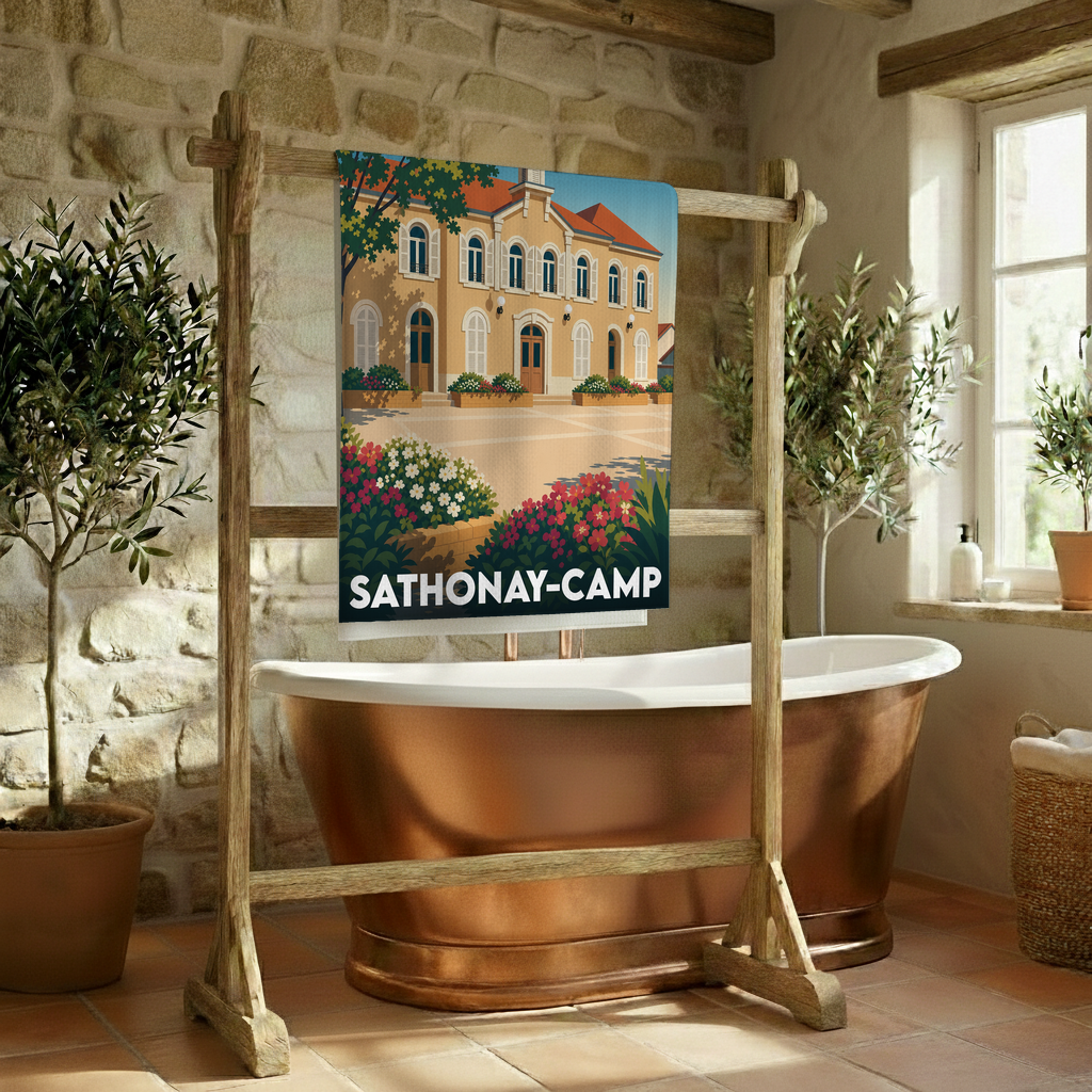 Serviette de bain souvenir de la ville de Sathonay-Camp avec une illustration stylisée d'un bâtiment historique.