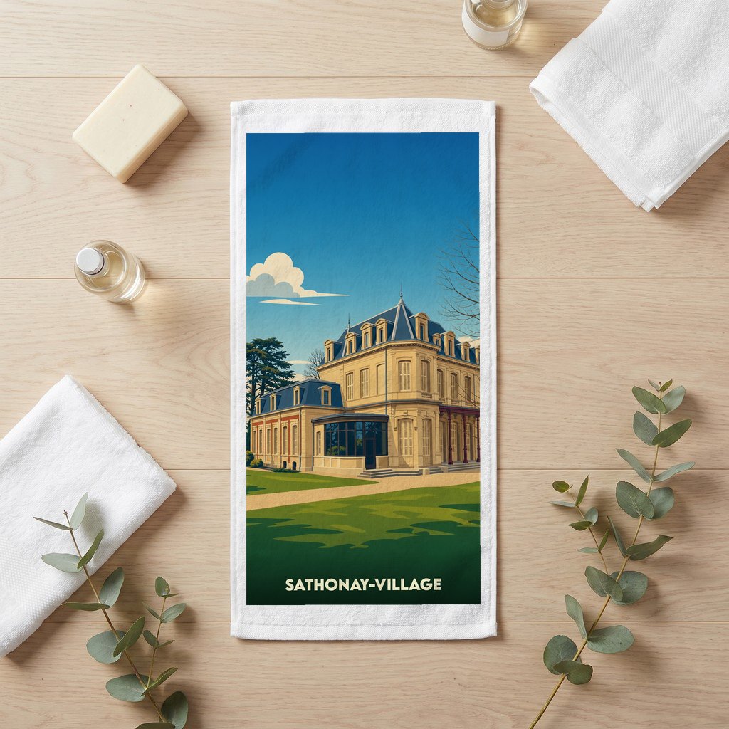 Serviette de bain souvenir de Sathonay-Village avec une illustration stylisée d'un château.