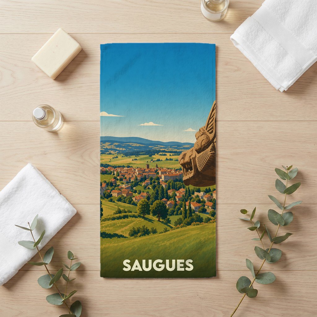 Serviette de bain souvenir de la ville de Saugues avec une illustration stylisée d'un paysage et de la Bête du Gévaudan.