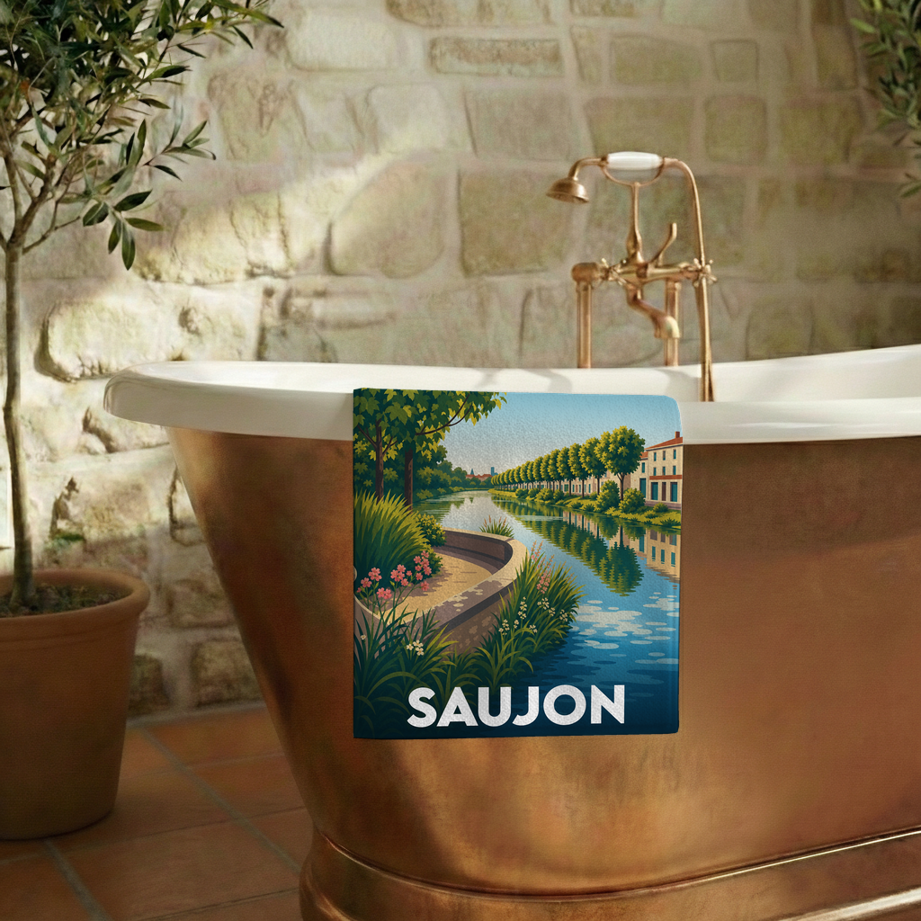 Serviette de bain souvenir de la ville de Saujon avec une illustration stylisée.