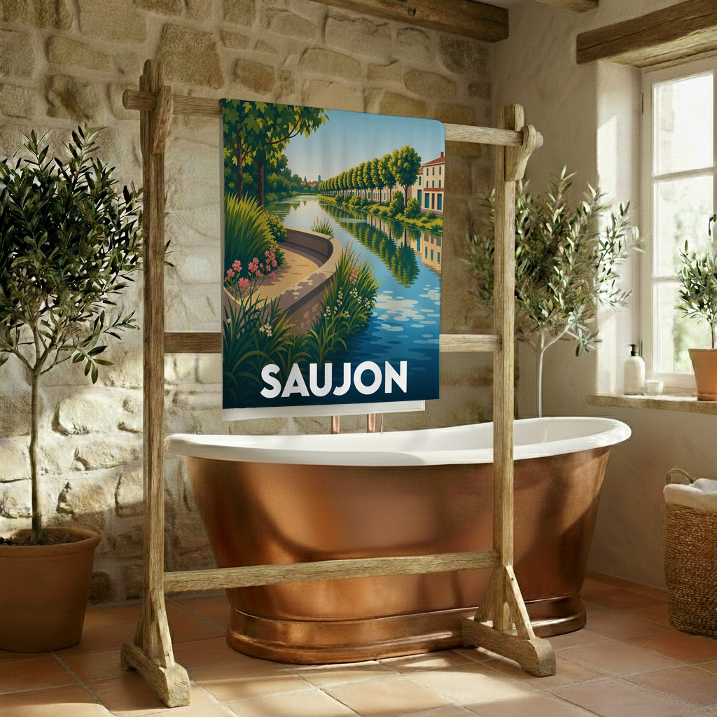 Serviette de bain souvenir de la ville de Saujon avec une illustration stylisée d'un canal bordé d'arbres.