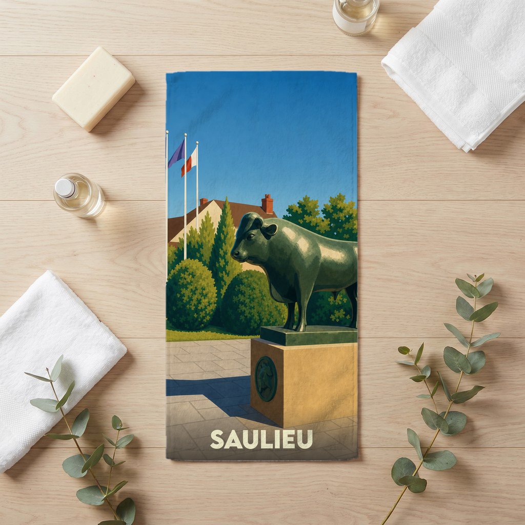Serviette de bain souvenir de la ville de Saulieu avec une illustration stylisée de son célèbre taureau.