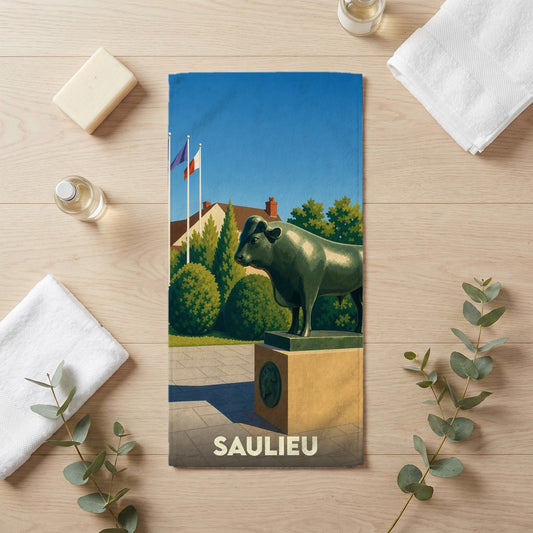 Serviette de bain souvenir de la ville de Saulieu avec une illustration stylisée de son célèbre taureau.