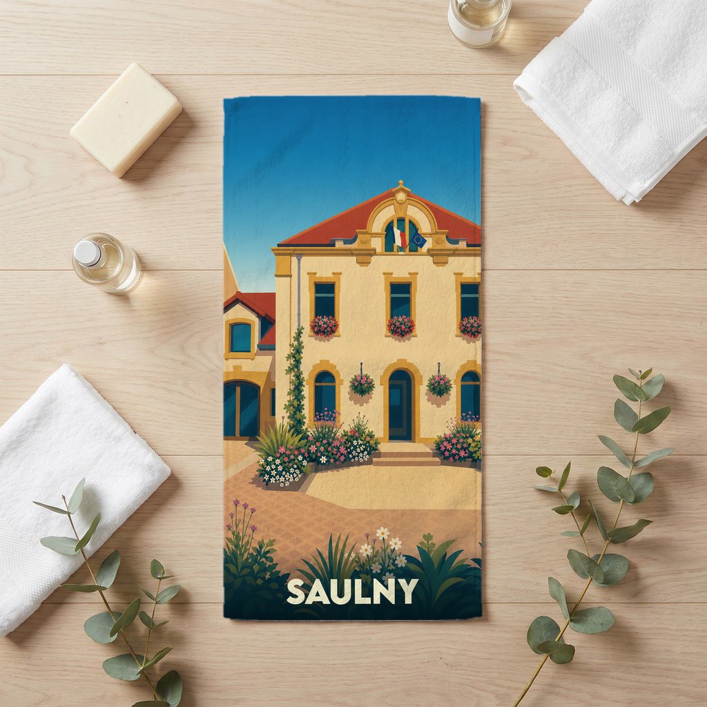 Serviette de bain souvenir de la ville de Saulny avec une illustration stylisée de sa mairie fleurie.