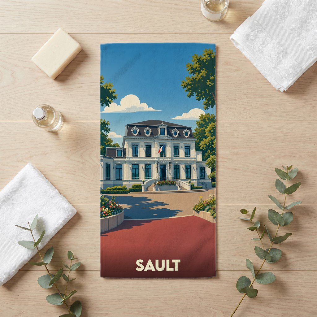 Serviette de bain souvenir de la ville de Sault illustrée d'une demeure bourgeoise de style français.