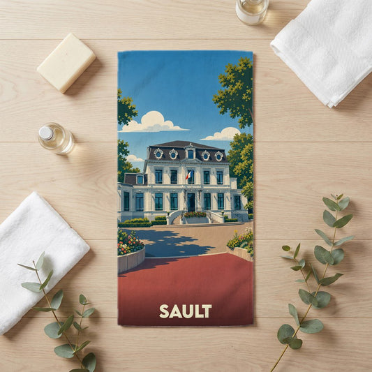 Serviette de bain souvenir de la ville de Sault illustrée d'une demeure bourgeoise de style français.