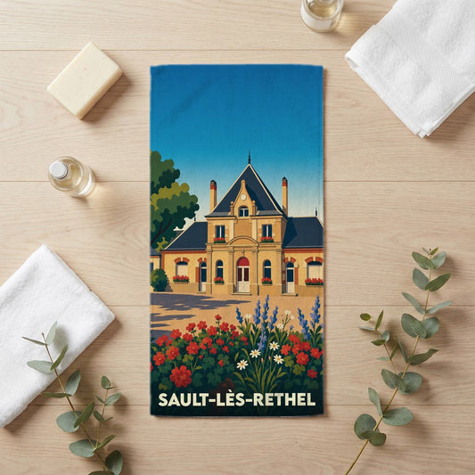 Serviette de bain souvenir de la ville de Sault-lès-Rethel avec une illustration de style affiche rétro.
