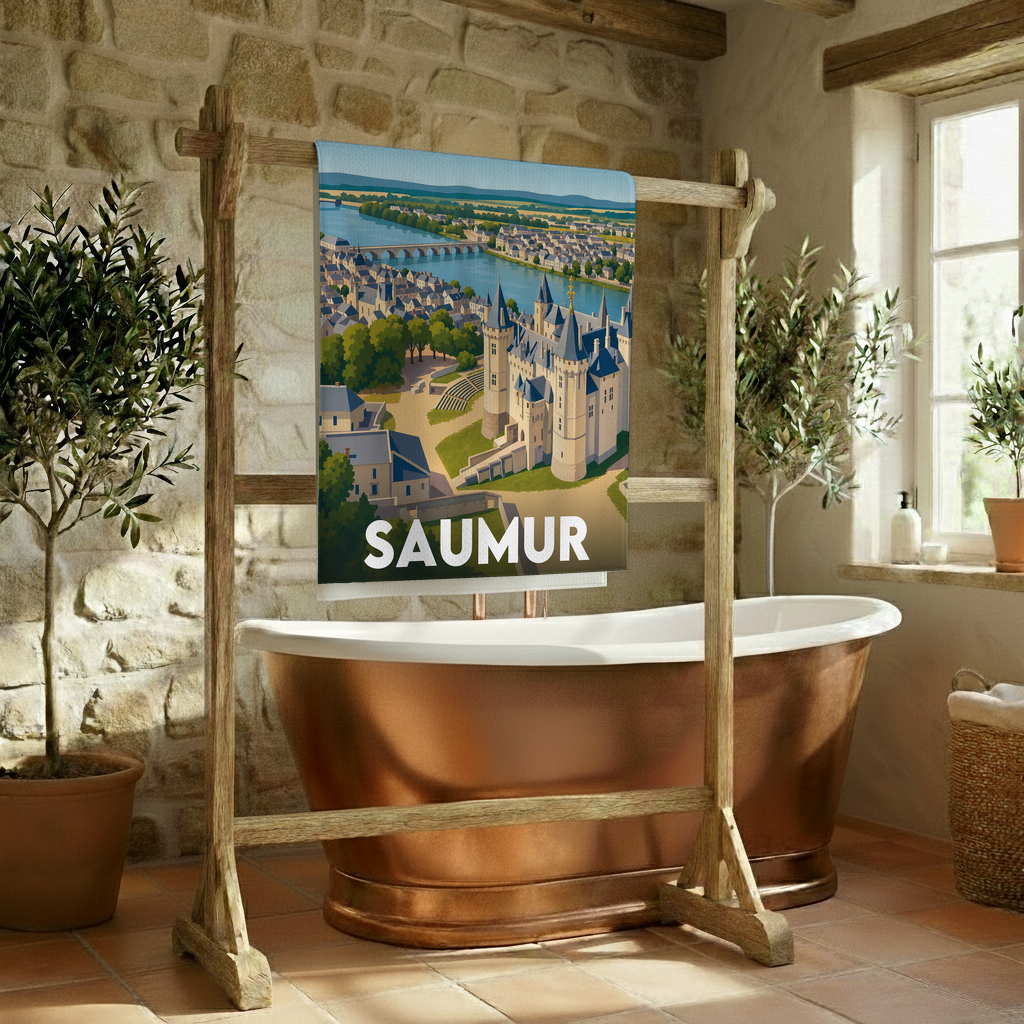 Serviette de bain souvenir de la ville de Saumur avec une illustration stylisée de son château et de la Loire.