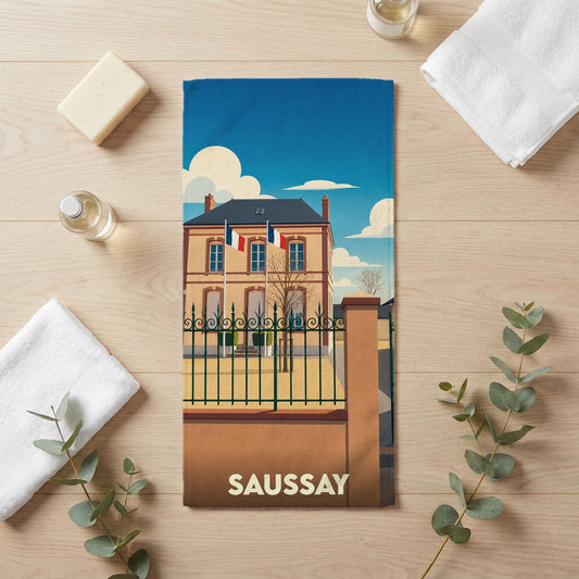 Serviette de bain souvenir de la ville de Saussay avec une illustration stylisée de sa mairie.