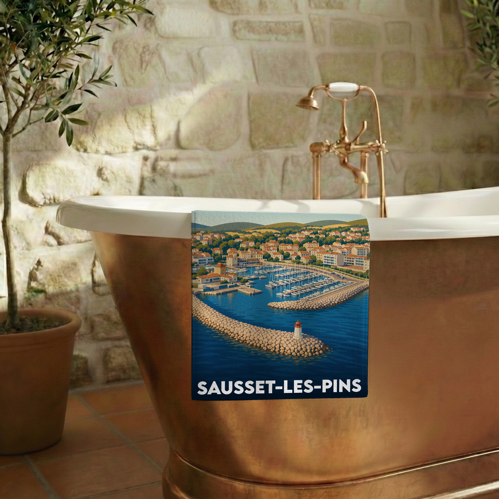 Serviette de bain souvenir de la ville de Sausset-les-Pins avec une illustration stylisée du port.
