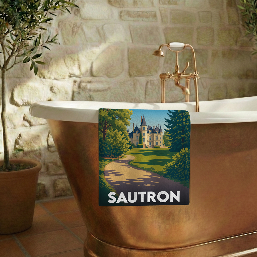 Serviette de bain souvenir de la ville de Sautron avec une illustration stylisée d'un château.