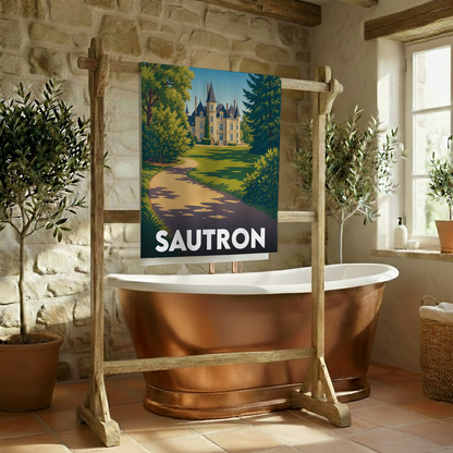 Serviette de bain souvenir de la ville de Sautron avec une illustration stylisée d'un château.