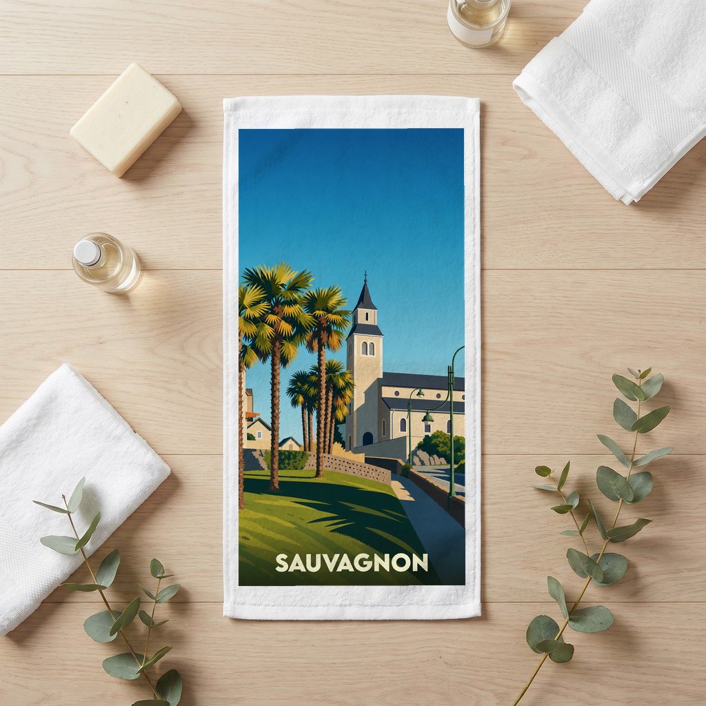 Serviette de bain souvenir de la ville de Sauvagnon avec une illustration stylisée de son église et de palmiers.
