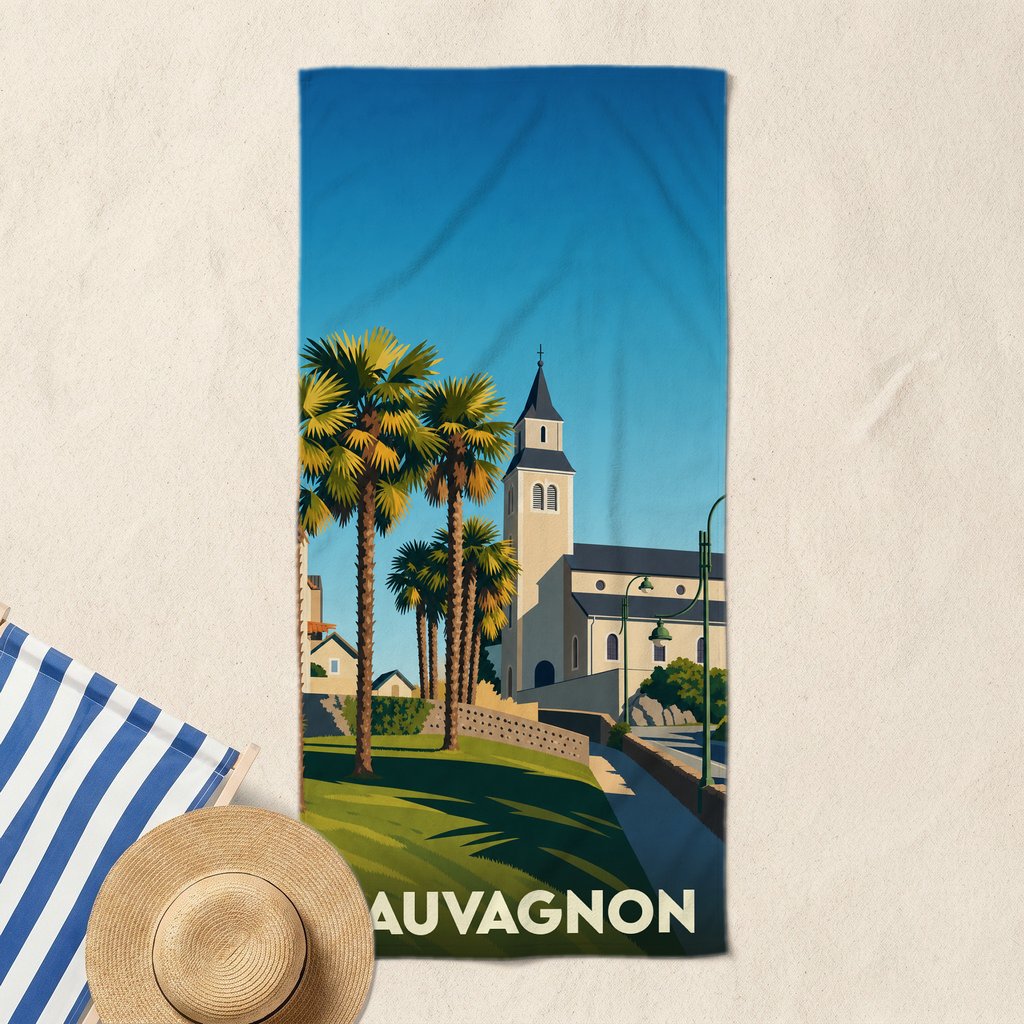 Serviette de bain souvenir de la ville de Sauvagnon avec une illustration stylisée d'une église et de palmiers.