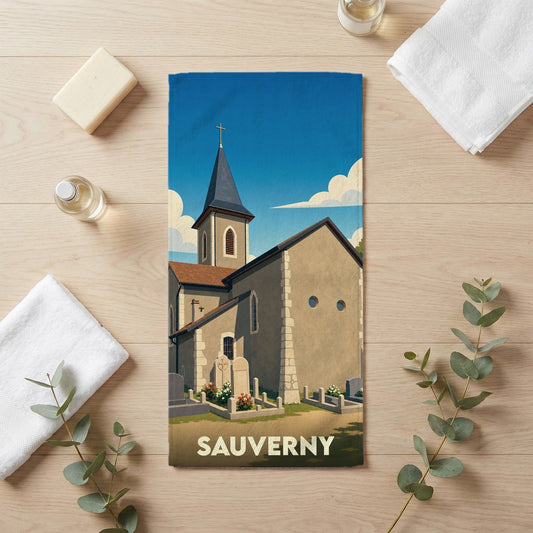 Serviette de bain souvenir de la ville de Sauverny avec une illustration stylisée d'une église et de son cimetière.