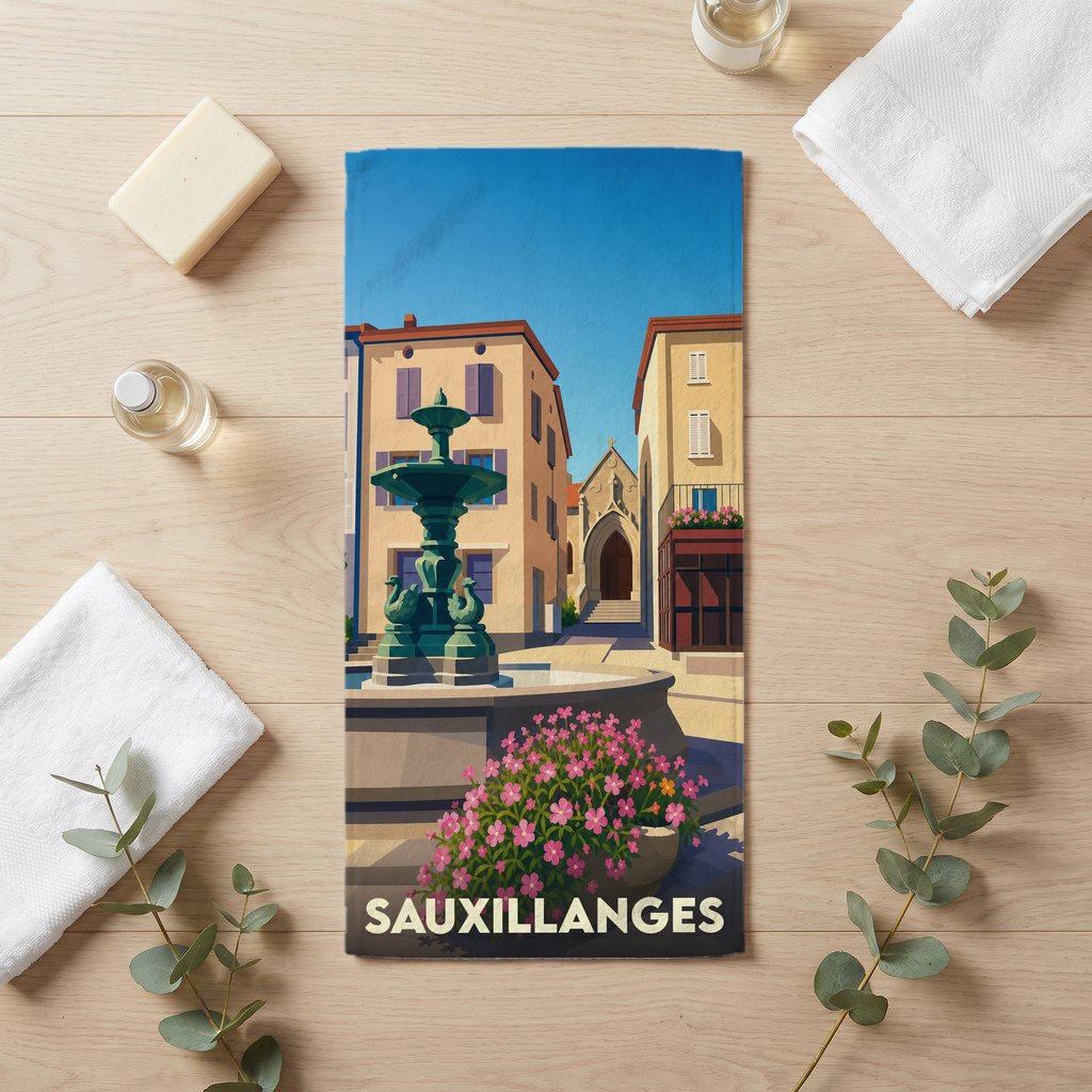 Serviette de bain souvenir de la ville de Sauxillanges illustrée d'une place ensoleillée avec une fontaine.