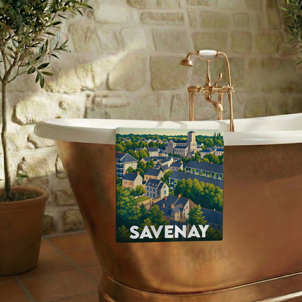 Serviette de bain souvenir de la ville de Savenay avec une illustration stylisée.